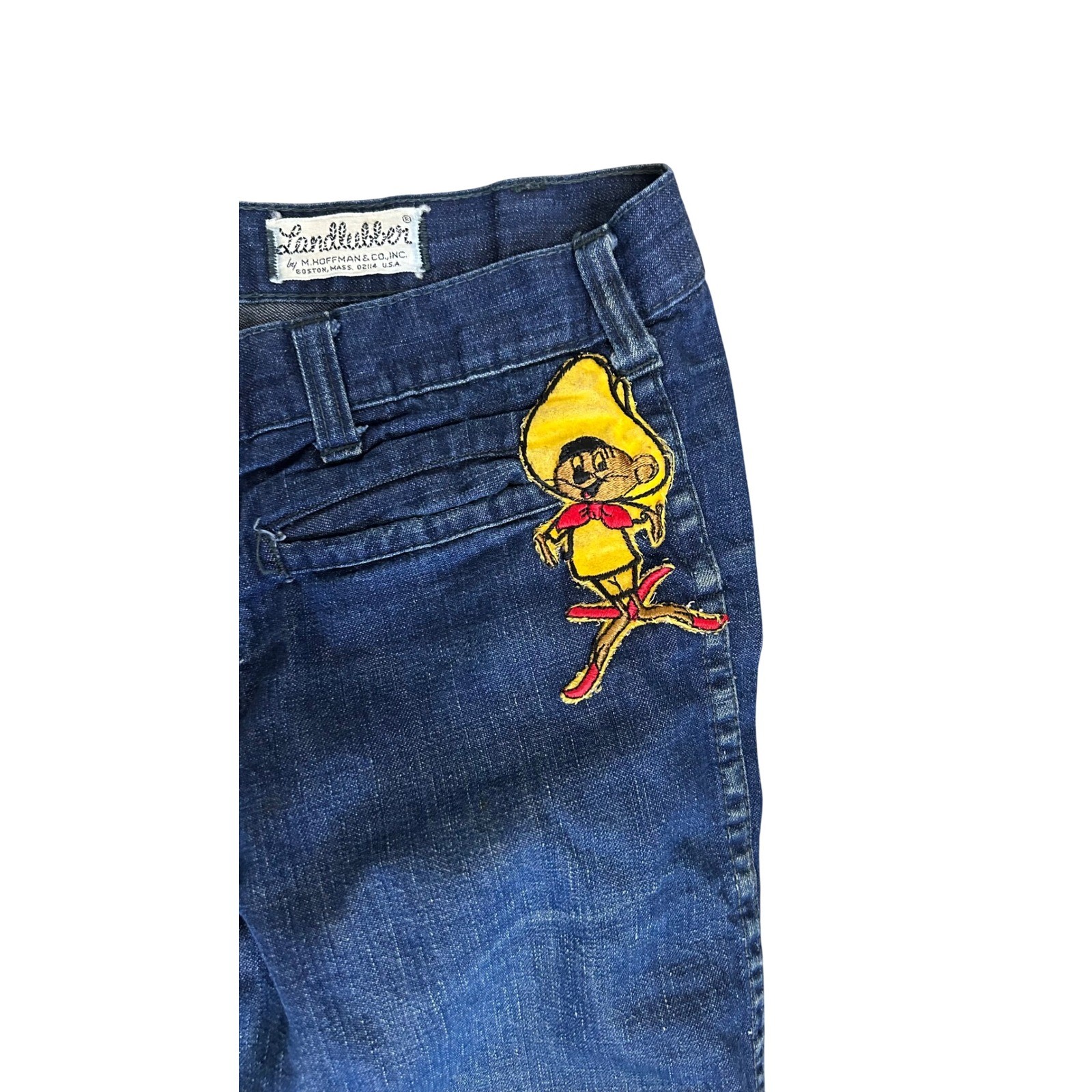 Vintage Landlubber Blue Flare Jeans Embroidered Patch 30×30.5 Hippie 1970s Boho