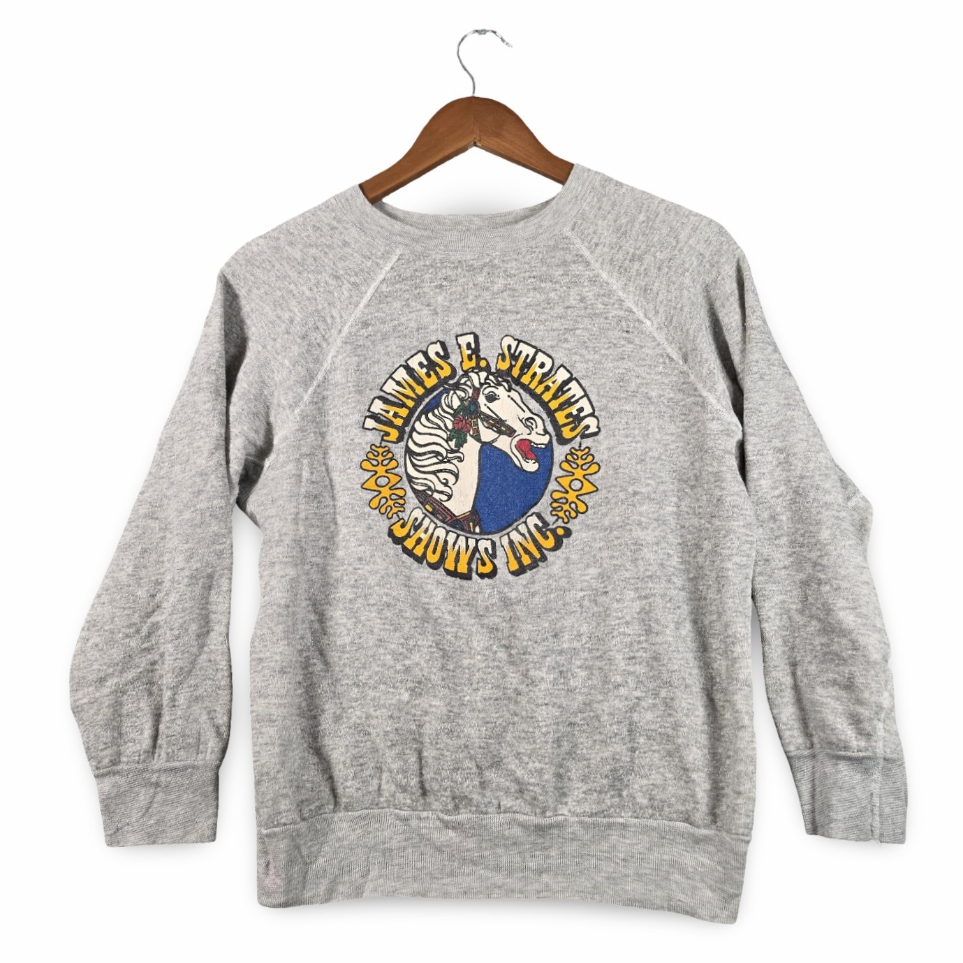 Vintage 80s Trench James E Strates Shows Carnival Horse Sweatshirt Gray Womens M