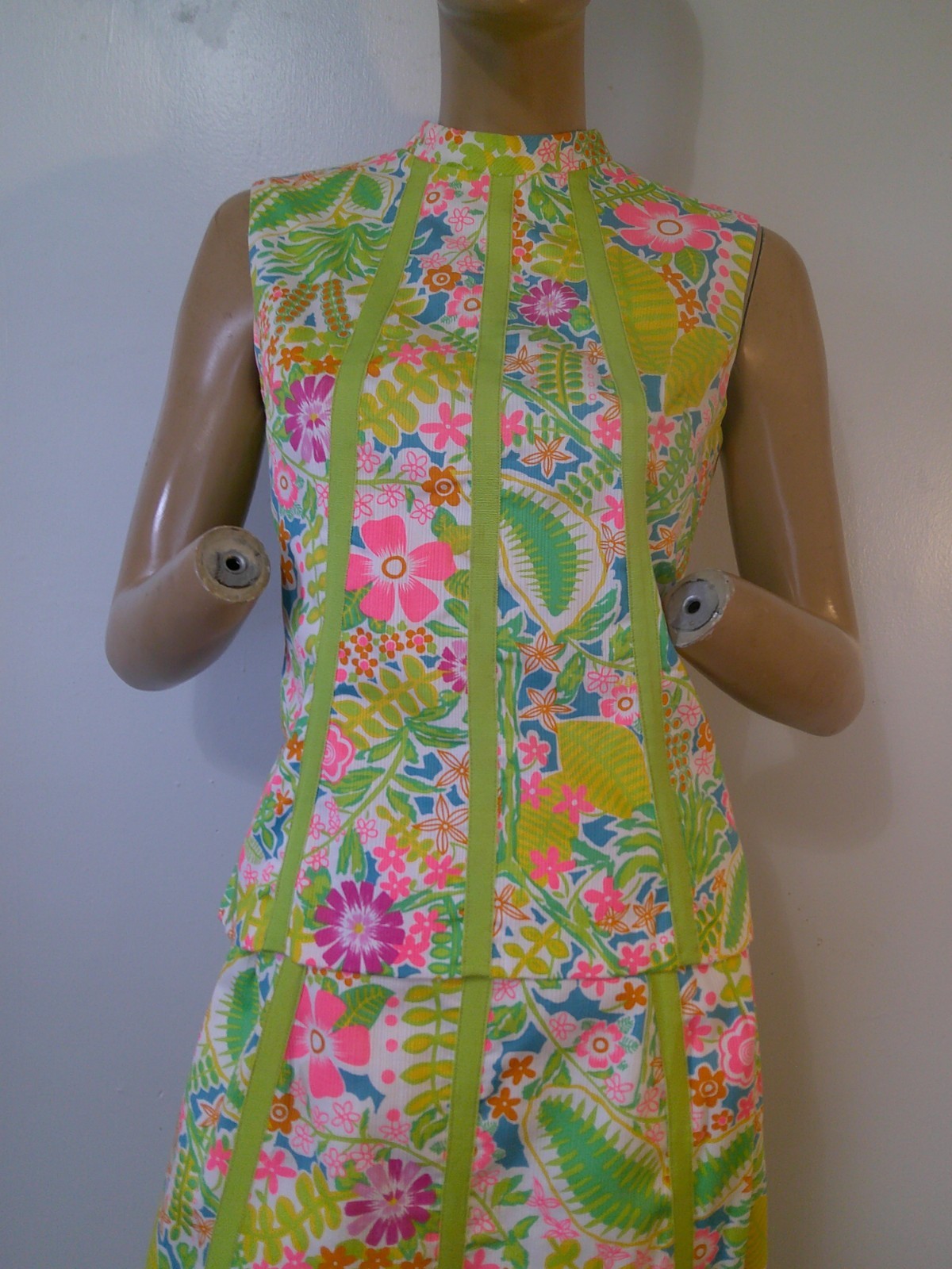 Vtg 60’s JAMISON BOUTIQUE 2 pc Lilly Style Neon Floral Tunic Top & Maxi Skirt M