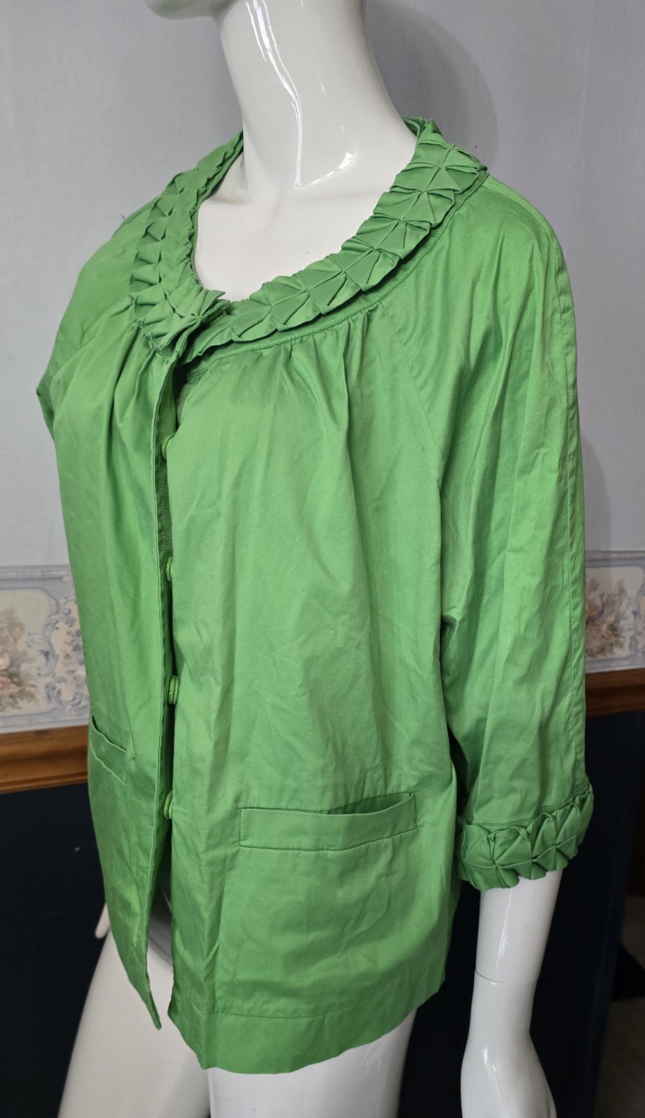 SIMPLY Chloe Dao Green Pleated Collar Jacket 1X Plus Size Cotton Stretch