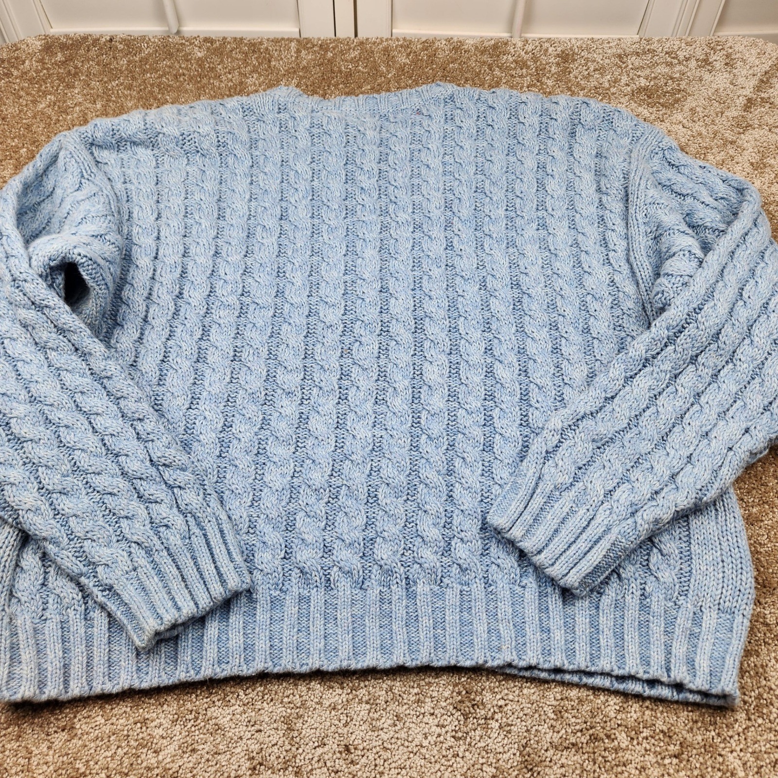 Lizwear Vintage Light Blue Cable Knit Crochet Patchwork Sweater Womens Large L