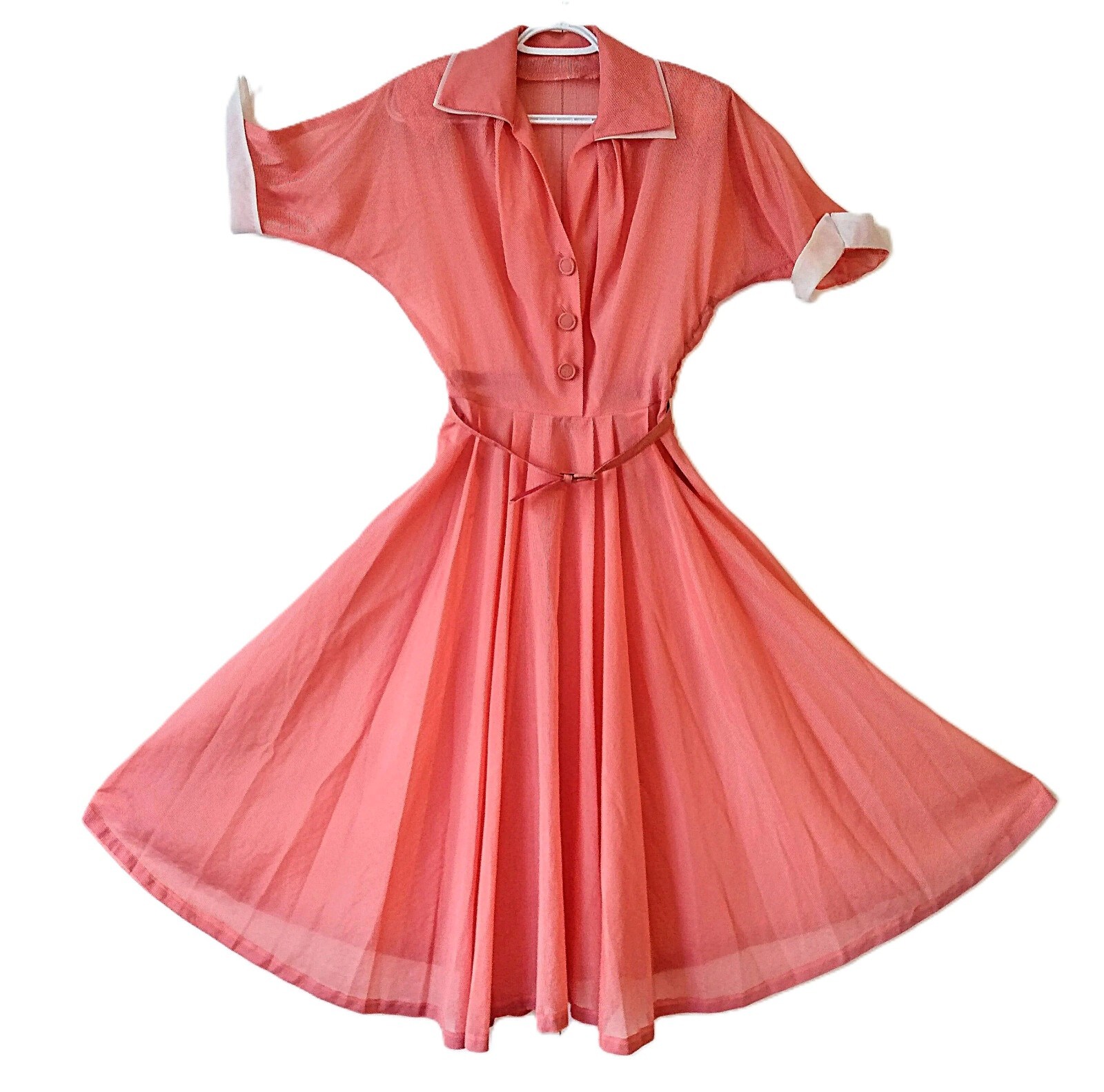 Vintage Sheer Dress 50s 38″ Bust 26″ Waist Red White Striped Organdy