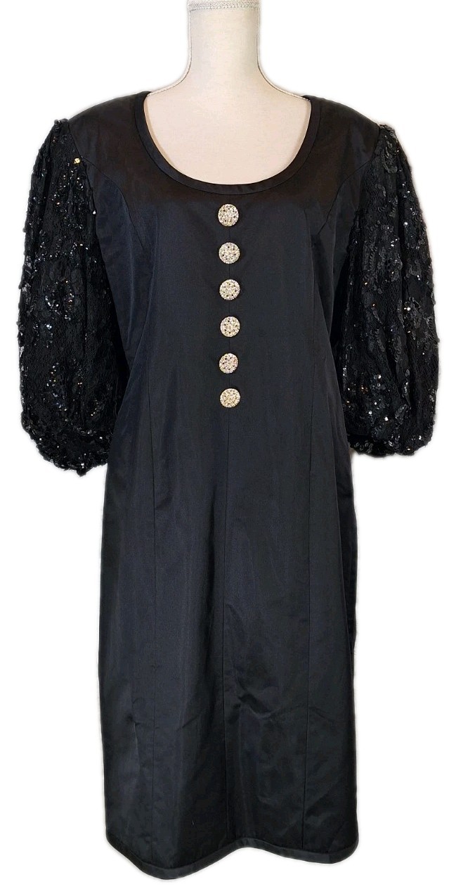 VTG BOB EVANS 100% Silk Sheath Cocktail Dress Sequin & Lace Balloon Sleeve Black