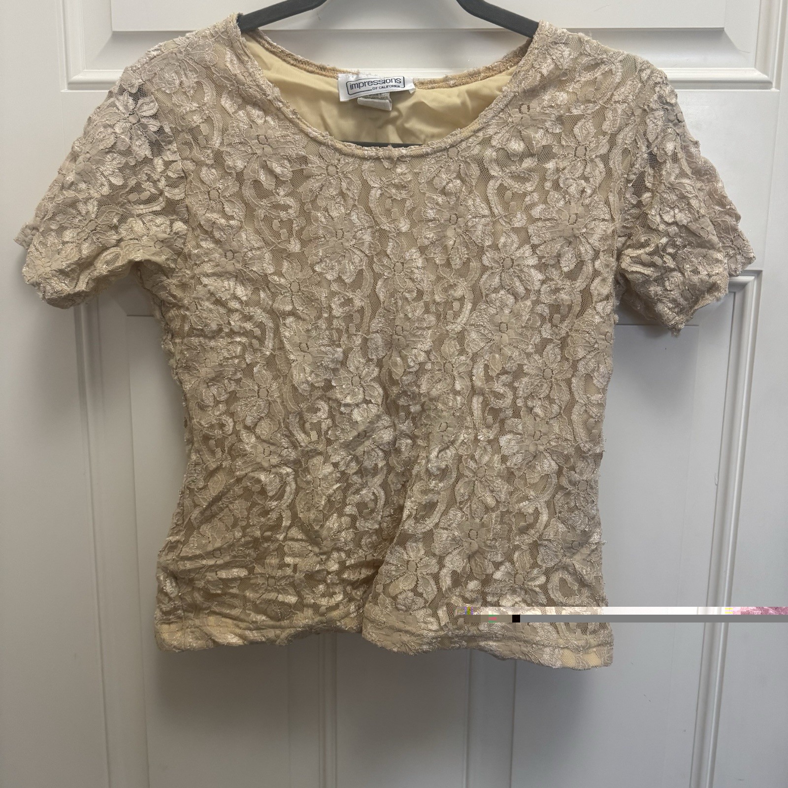 Vintage Mesh Lace Blouse Impressions Of California Sz S Cream Tan Elegant Floral