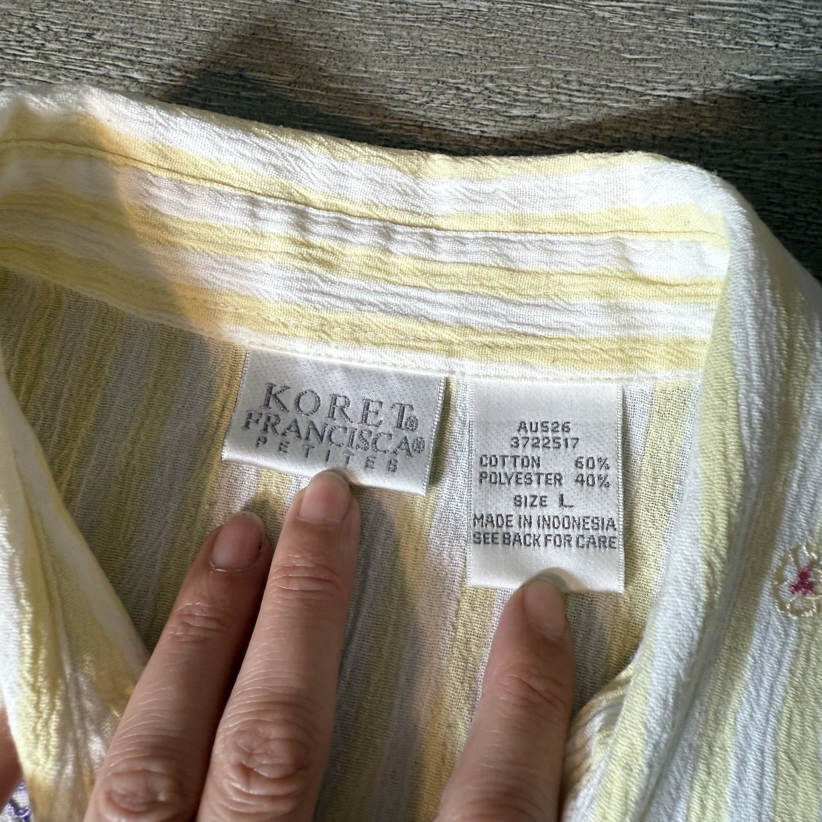 Vintage 90 KORET FRANCISCA Petite Large Yellow Strip Embordered Button Up Blouse