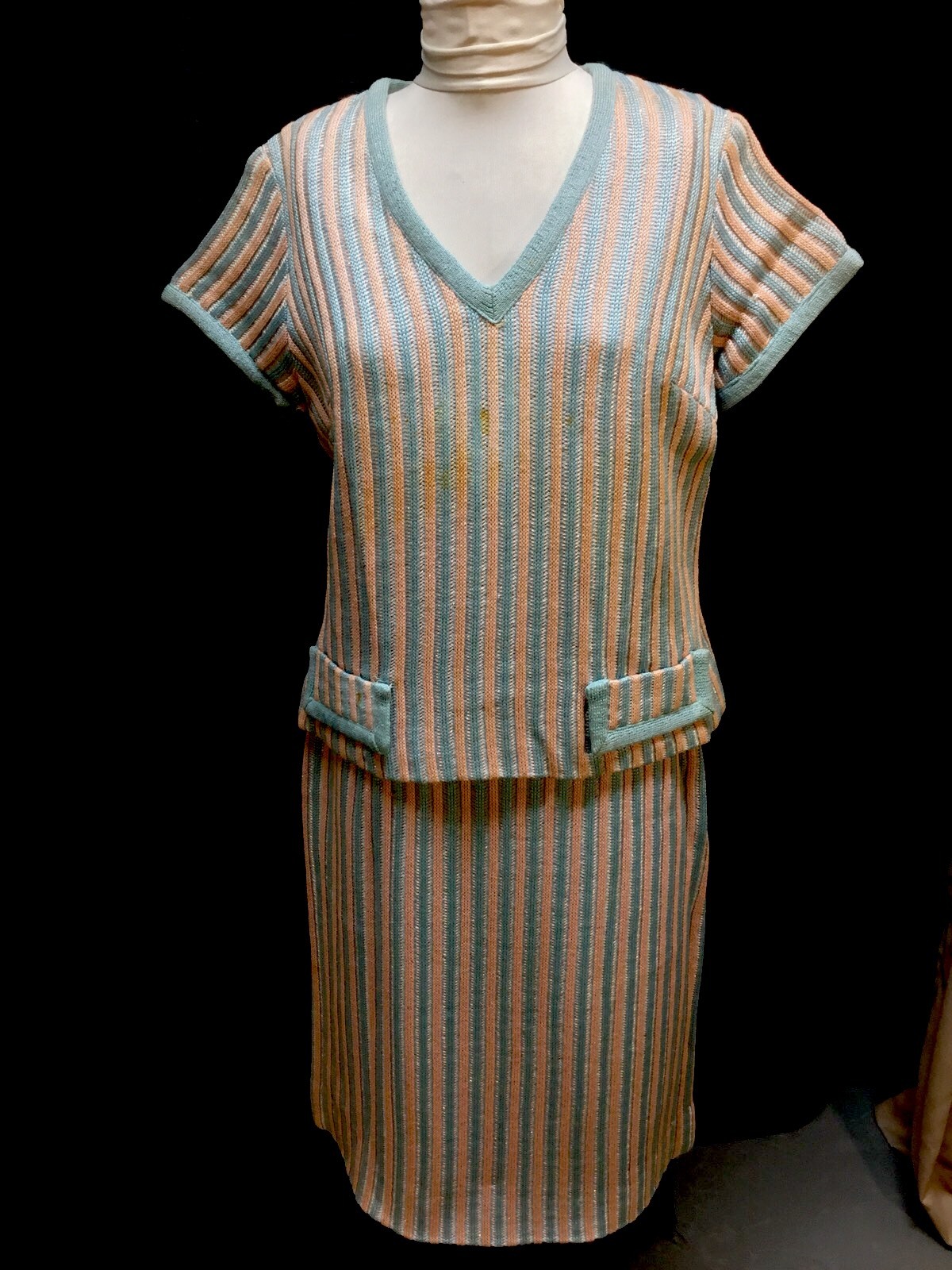 Vintage Ilsa Engle Designer Knit Aqua & Peachy Striped Tunic & Skirt Matching Se