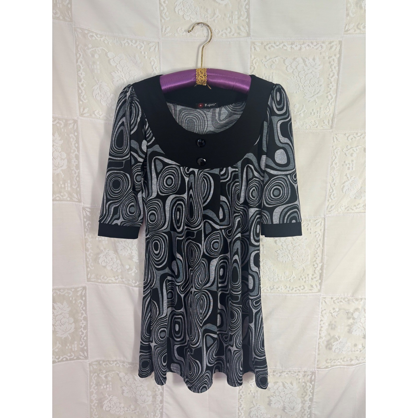 VTG Y2K 60’s/70’s Mod Black+Gray Artsy Retro 3/4 Sleeve Mini Dress Size S-M