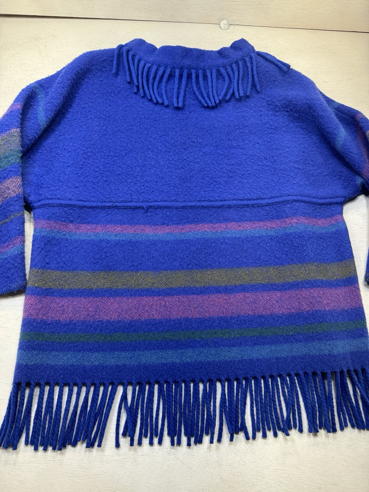 Vintage Lapp Lander Fringed Blanket Sweater Blue 100% Wool Norway 40