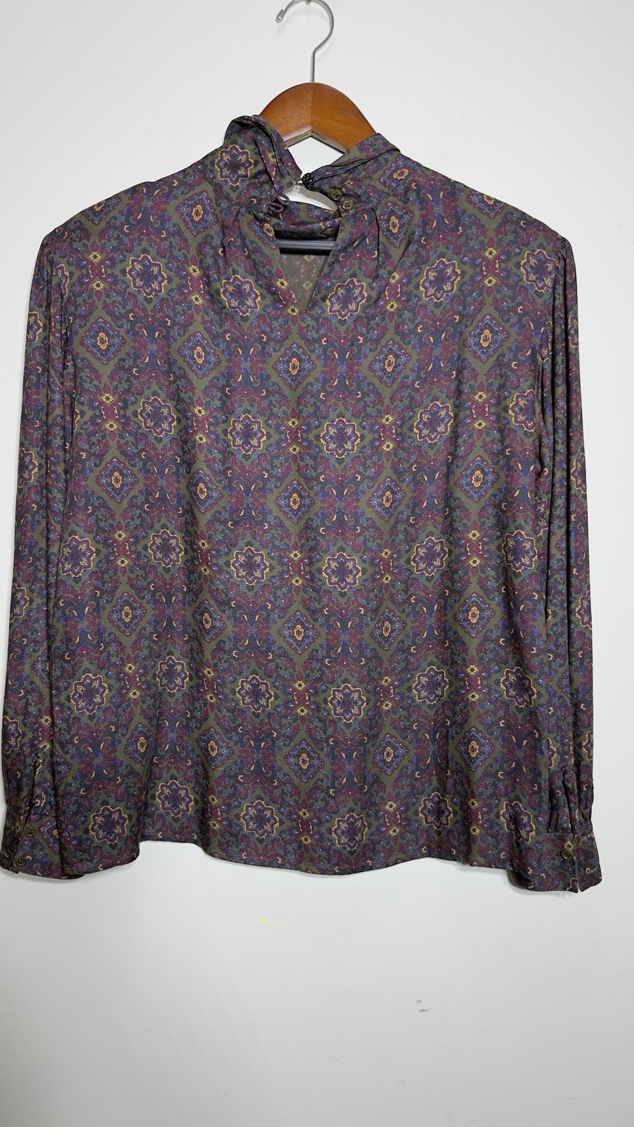 VTG Jos A Bank Skirt Suit 8 Rayon Burgundy GeometricP Paisley Mock Neck Jewish