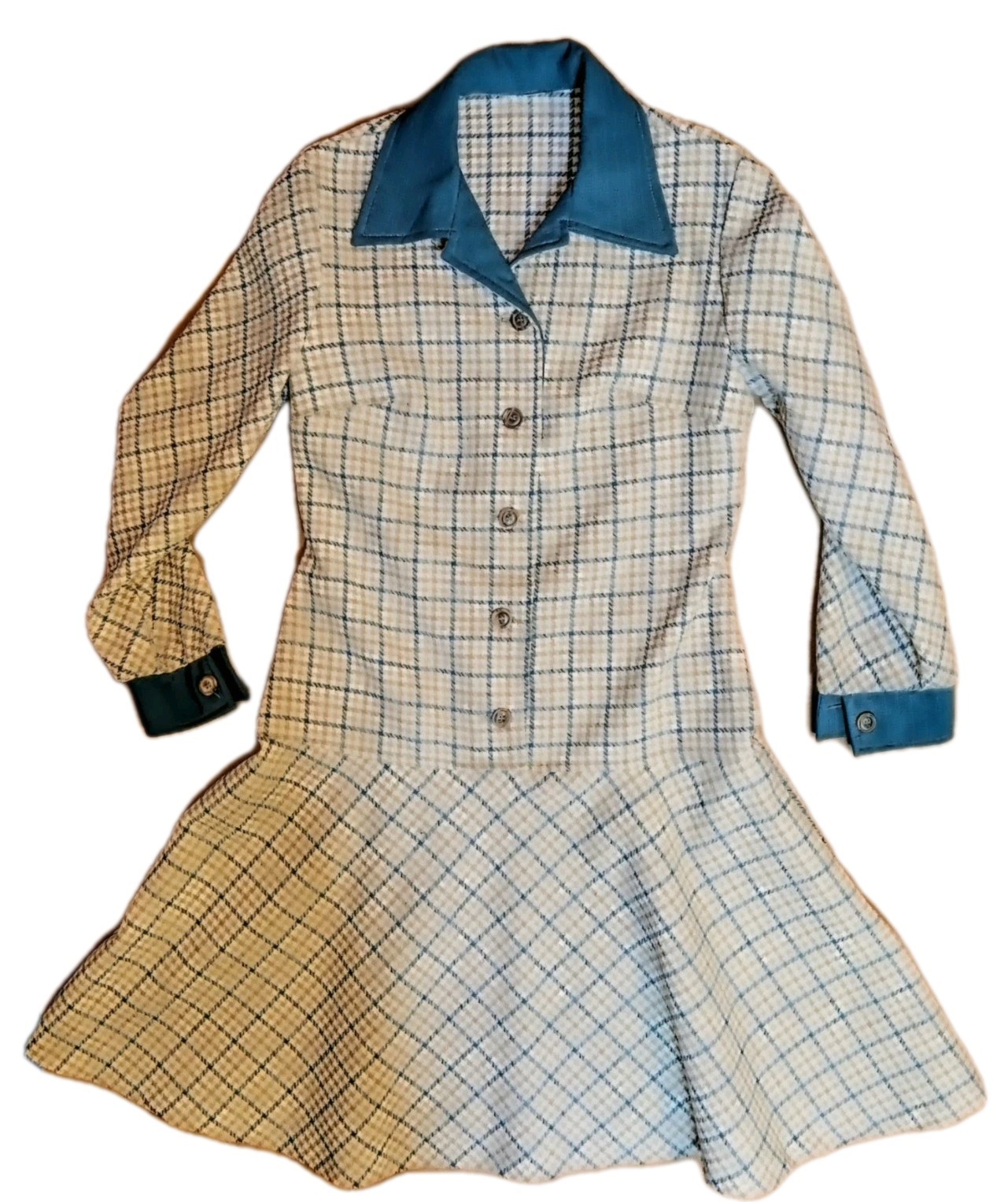 Vintage Handmade 70s Mod Plaid Shirt Dress Teal Collar Cuffs A-Line Retro Style