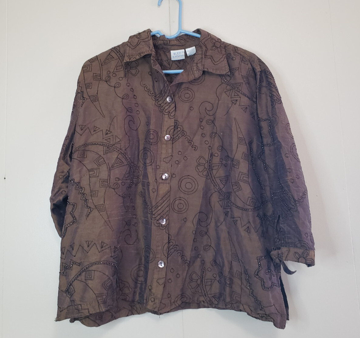 Vtg Bleu Bayou Women XL Blouse 100% Silk Brown Abstract Embroidered Beads Casual