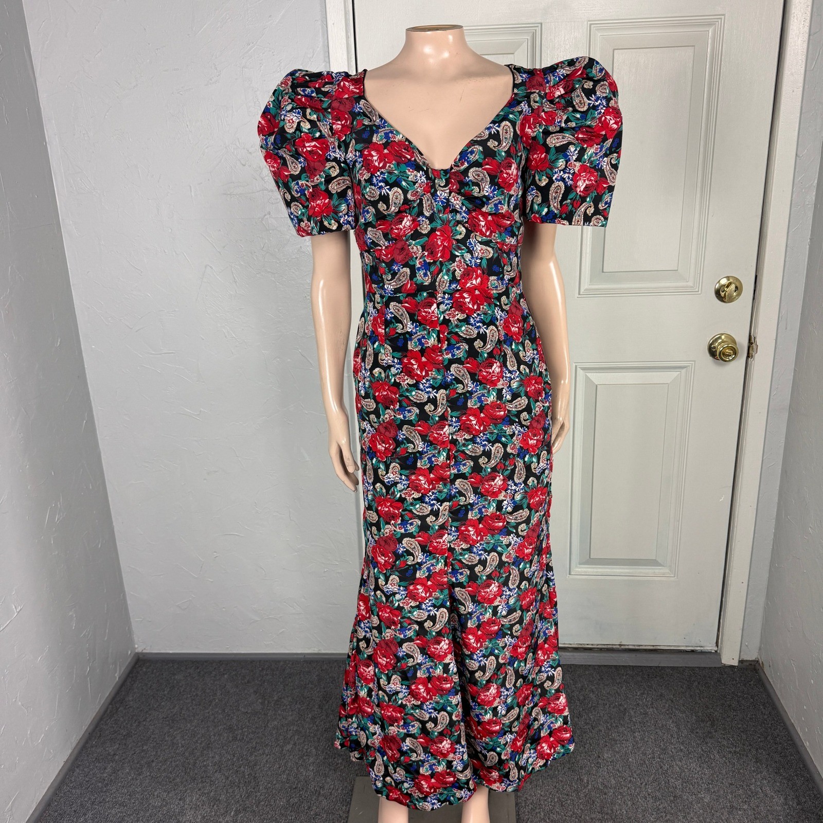 Vintage 80s 90’s Womens Dress Puff Sleeve Party Formal Floral Evening Paisley P4
