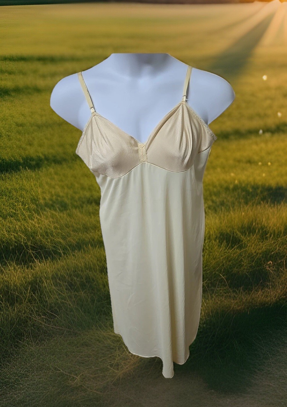 VTG Vanity Fair Cream Lightweight Dacron Polyester Lace Slip Long Dress Sz 40 L