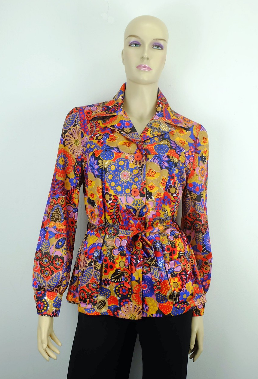 70s vintage BLOUSE women’s blouse belt very colorful floral size 40 diols loft