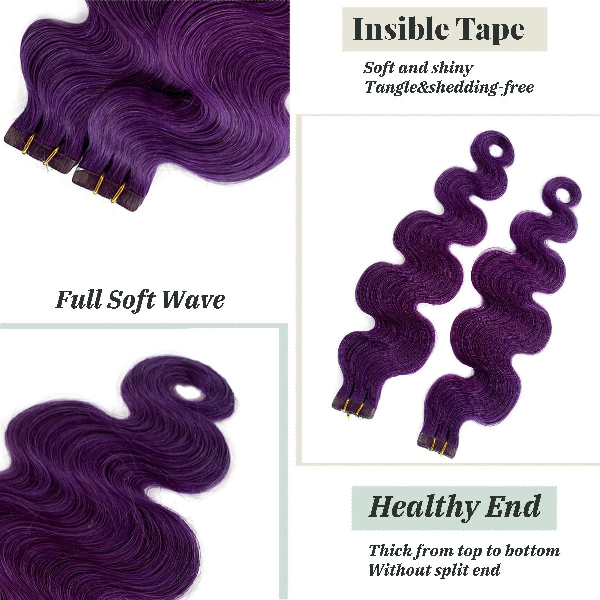 Body Wave Tape-in Human Hair Extensions, Purple 100% Remy Soft Sea