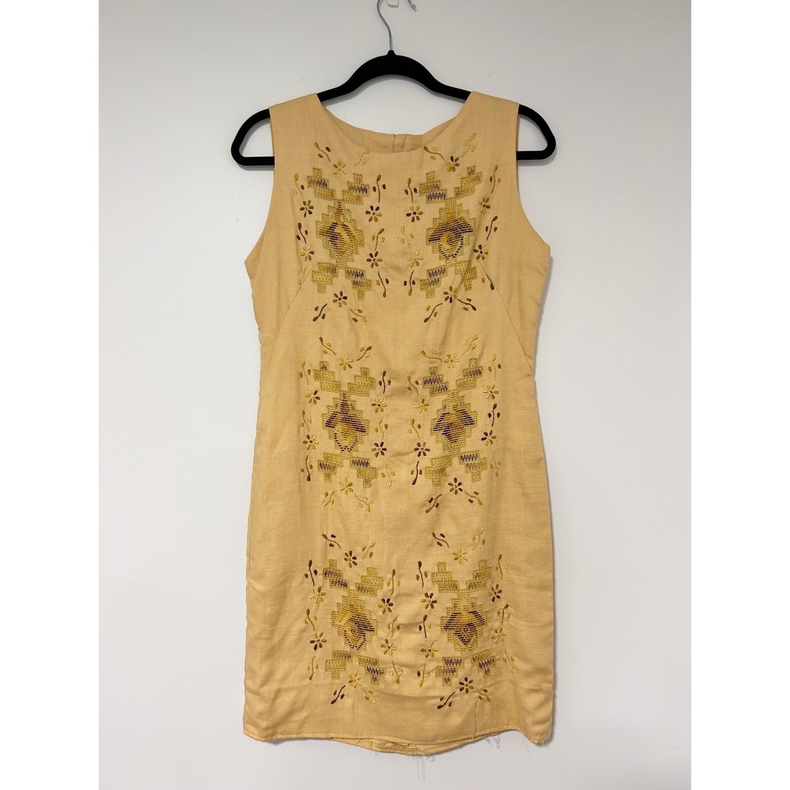 Vintage 60s Mustard Yellow Embroidered Linen Shift Dress Sleeveless Boho Mod S