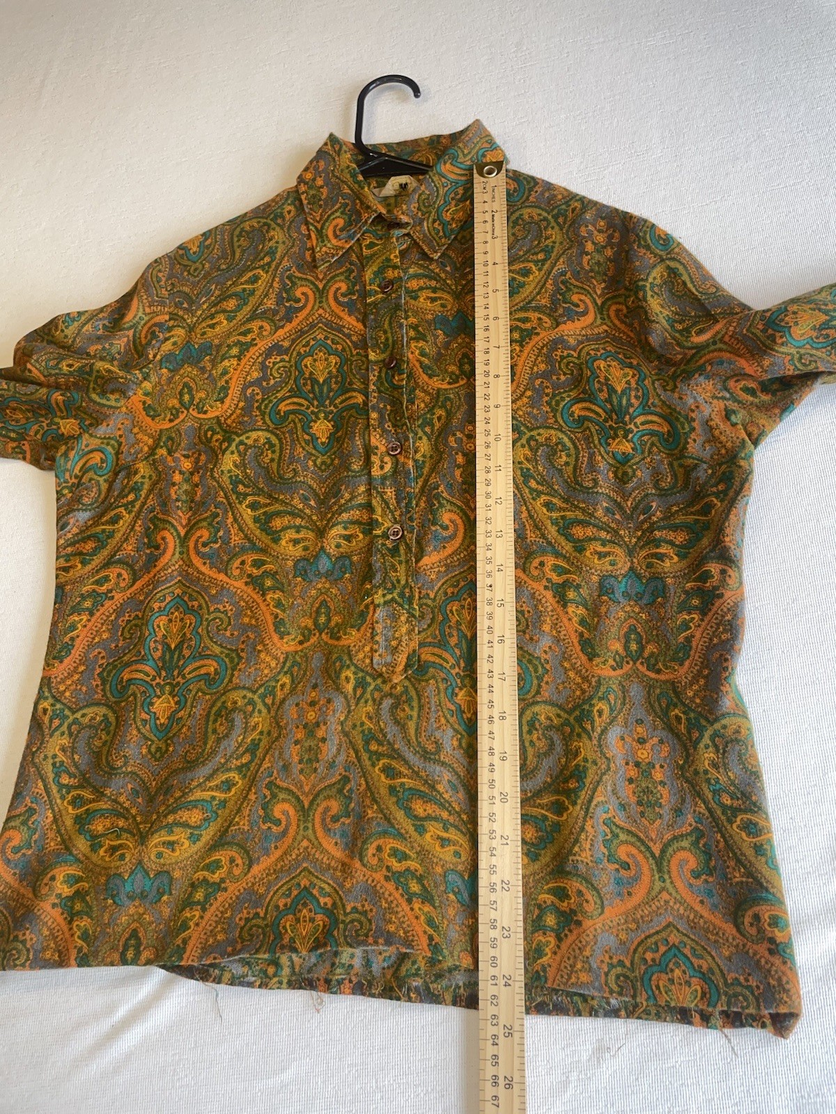VINTAGE 50s 60s Collar Button Shirt Rockabilly Paisley Hippy Boho S Psychedelic