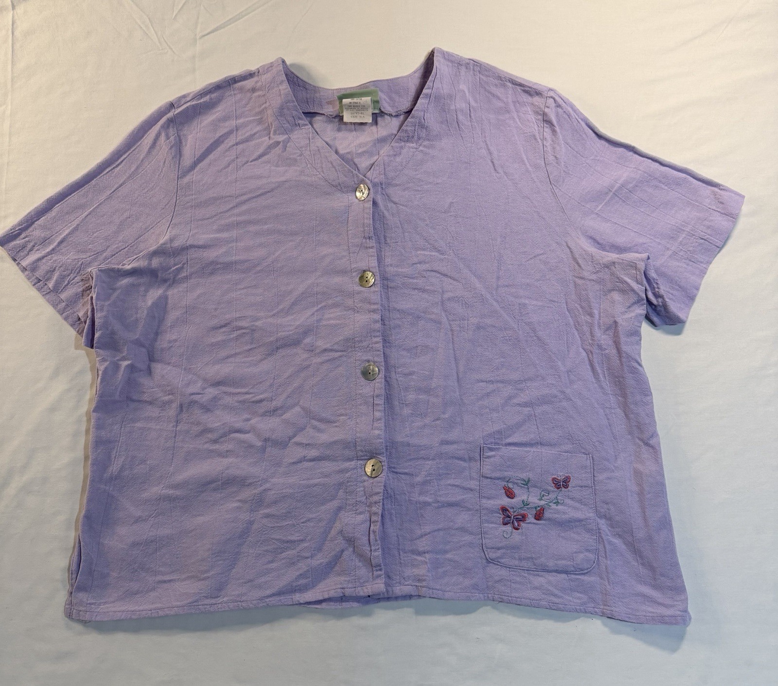 Vintage 220 Hickory Purple Lilac Button Front Blouse XLG Butterfly Pocket Cotton