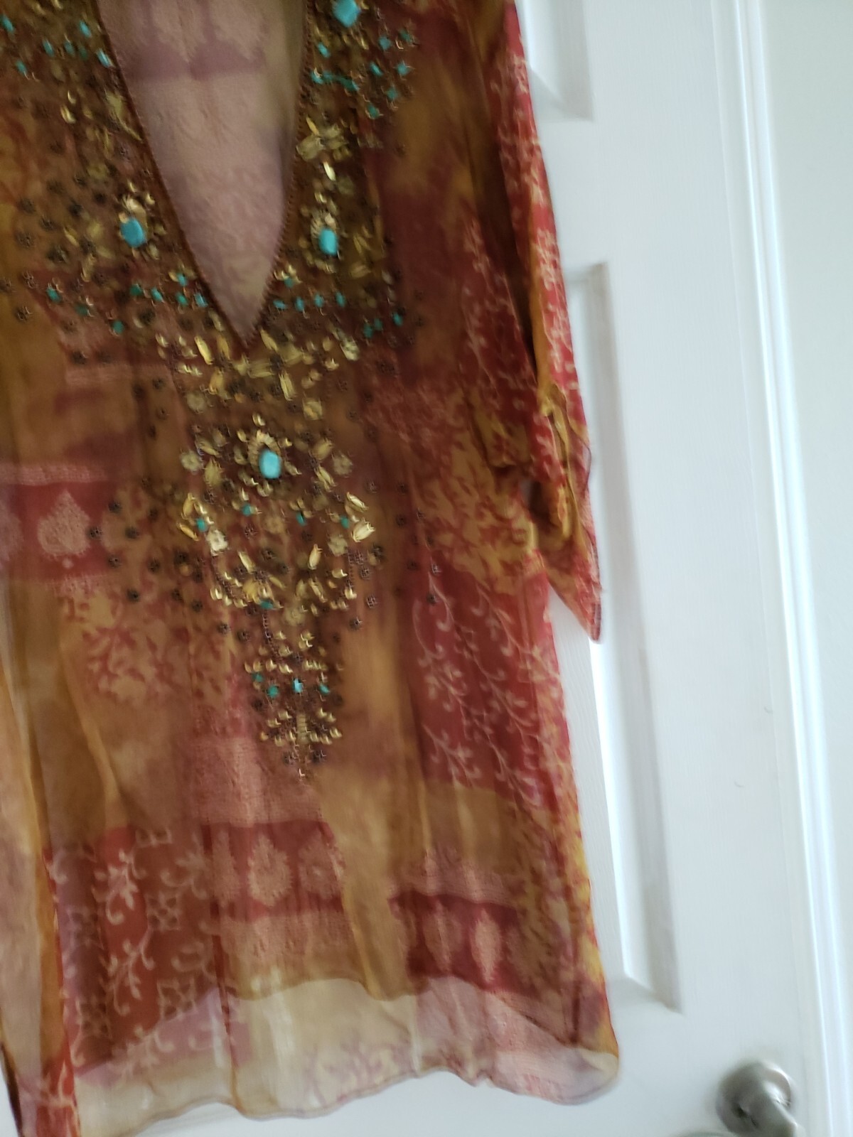 Vintage Turquoise Beaded Sheer Floral Long Blouse Boho Cover up wear over L