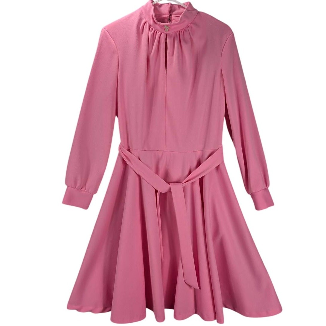 Vintage Dress 18 Pleated Pink Long Sleeve Zip Knee Length Collar Pearl Buttons