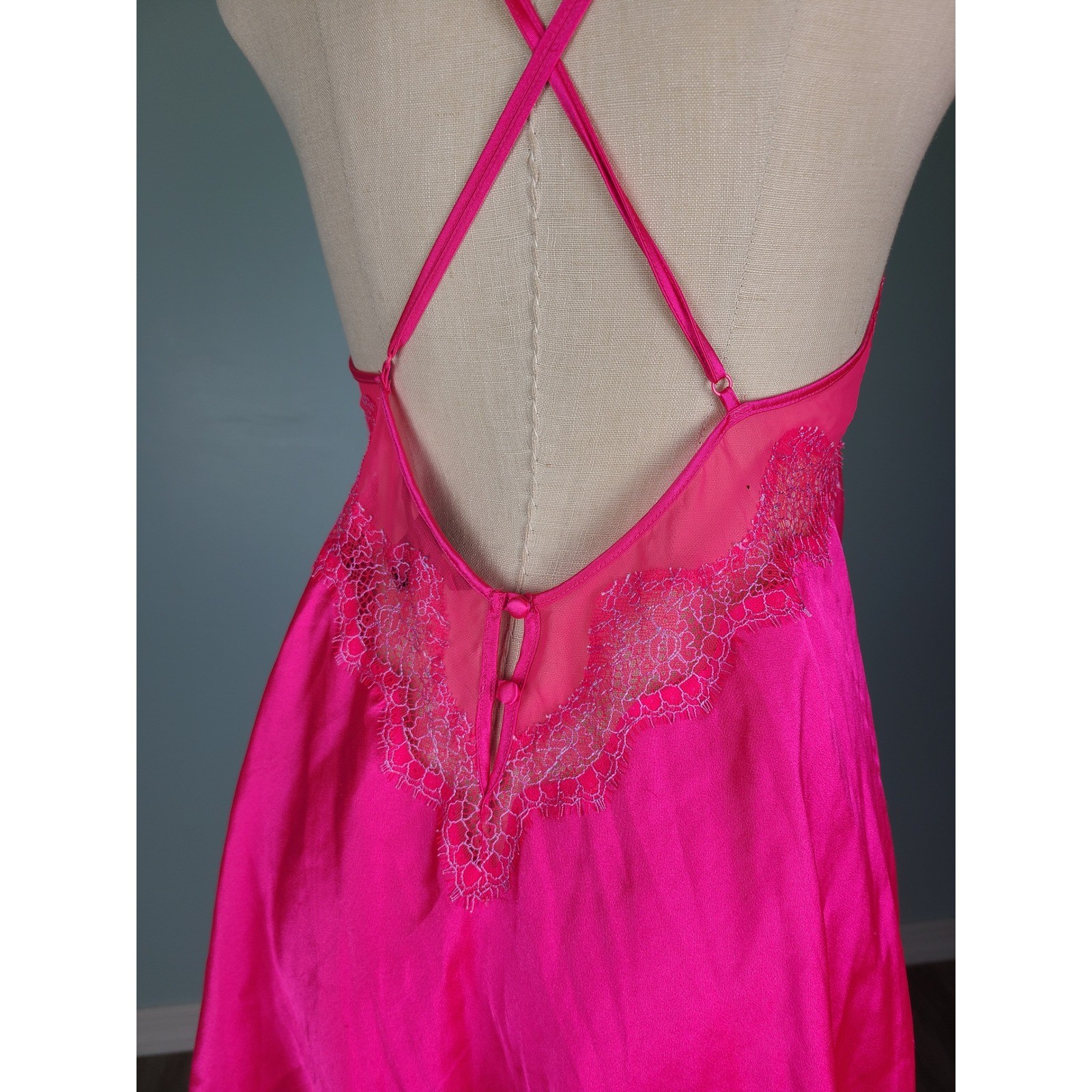 Victoria’s Secret Sz S Mini Slip Dress Hot Neon Pink Lacy Backless Y2K Bimbocore