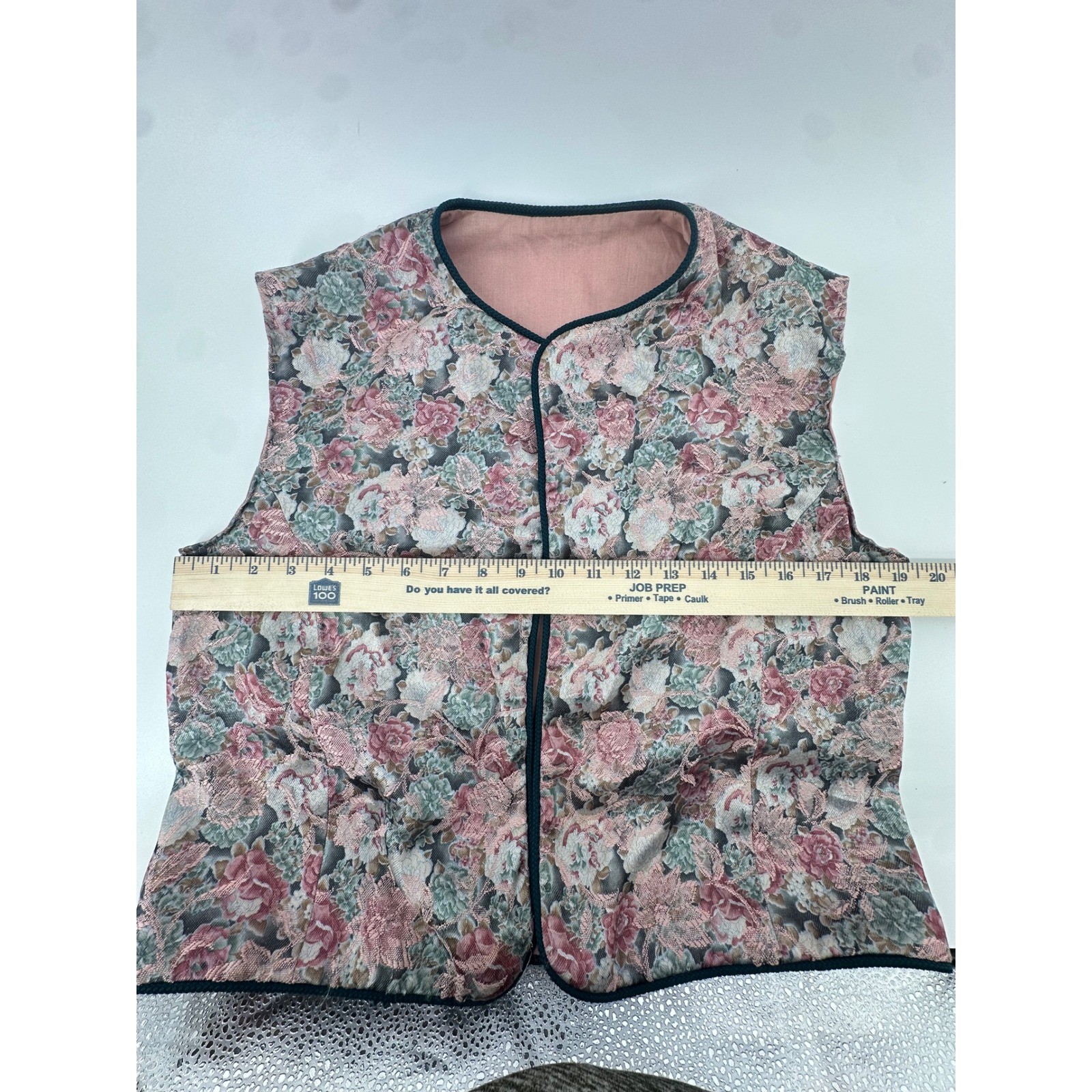 Vintage Handmade Floral Tapestry Vest Pink Rose Brocade Open Front Cottagecore