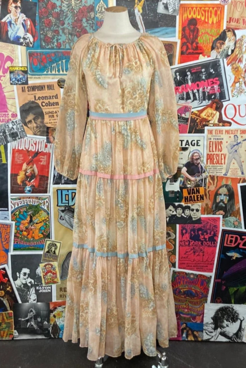 Vtg 70s Peach Pastel Ribbon Floral Spring Long Sheer Sleeve Maxi Dress Womens XS