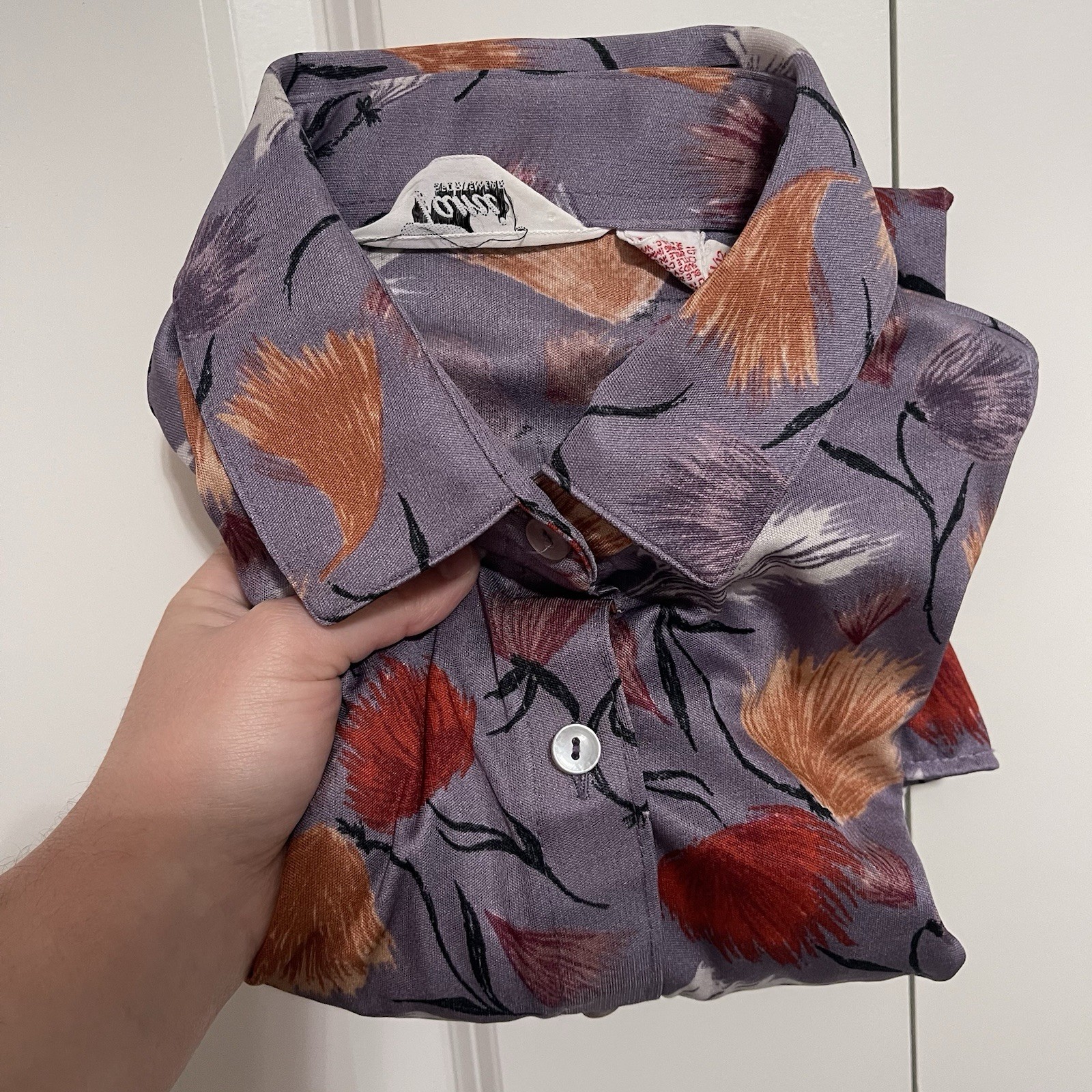 Vintage 1970’s Tami Nylon Shirt Purple Mauve Fall Floral Print Teen Size 11/12