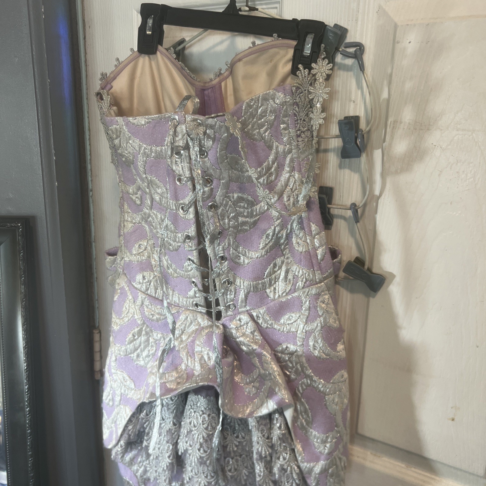 80s Lavender & Silver Brocade Corset Dress Lace Up Back Peplum Bows Detailed