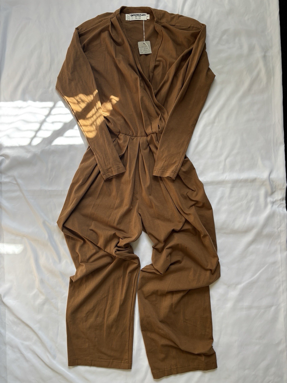 Vtg Wrap Jumpsuit Sz S USA Made Long Sleeves Pockets Cotton Elastic Waist Romper