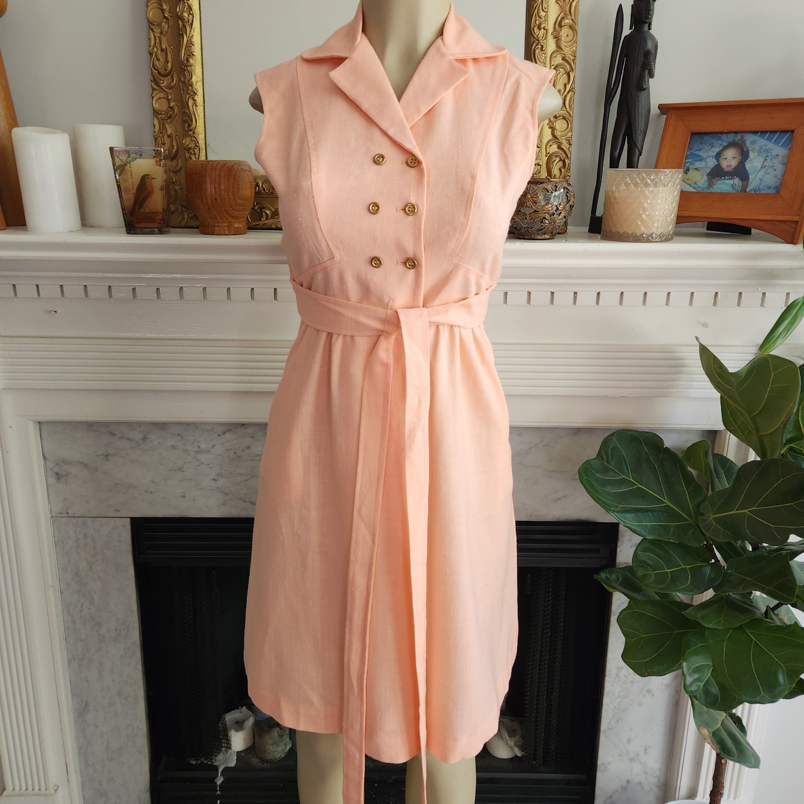 Vintage 1960s / 1970s Pastel Peach Dress Shirtdress MCM Double Breasted Sz Small