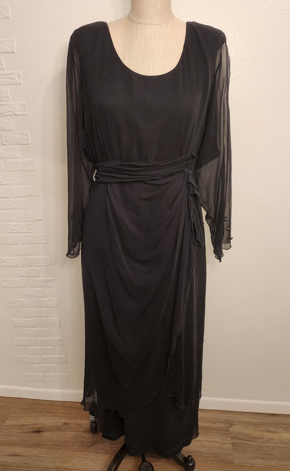 Vintage 70/80s Holly’s Harp Dress 100% Silk Chiffon Overlay Black Size Large