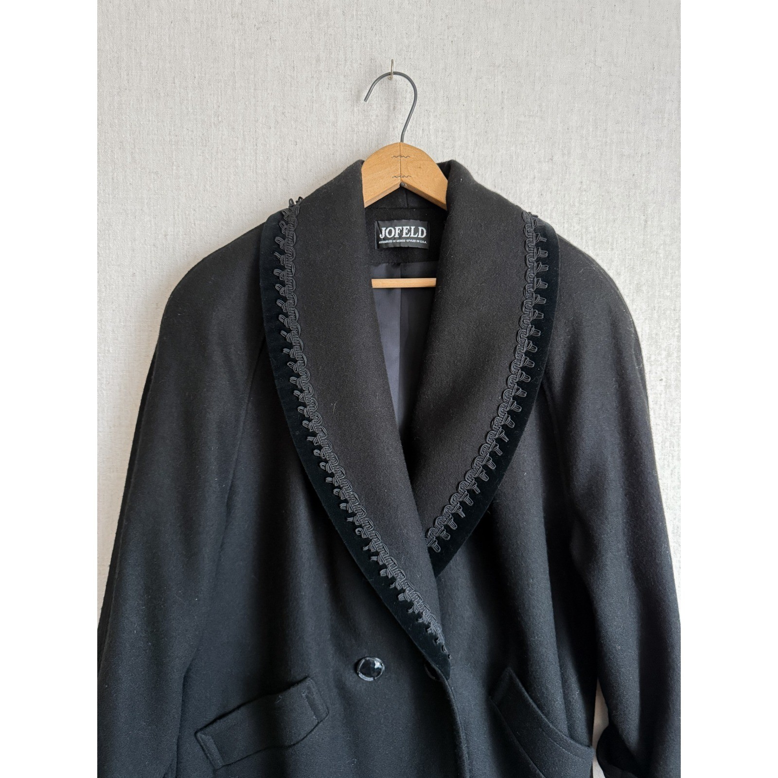 Vintage Jofeld Black Wool Long Coat Velvet Soutache Trim Shawl Collar USA Made