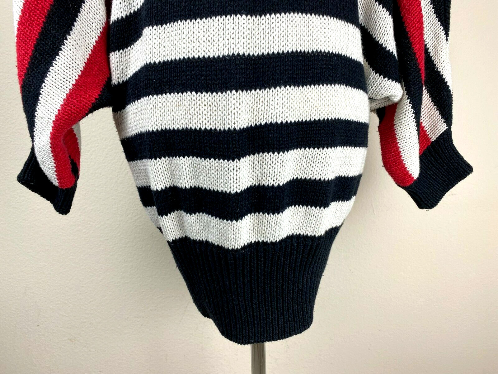 VTG 80s Bonnie Boerer Grannycore Batwing Chunky Sweater S Red Black Striped Knit