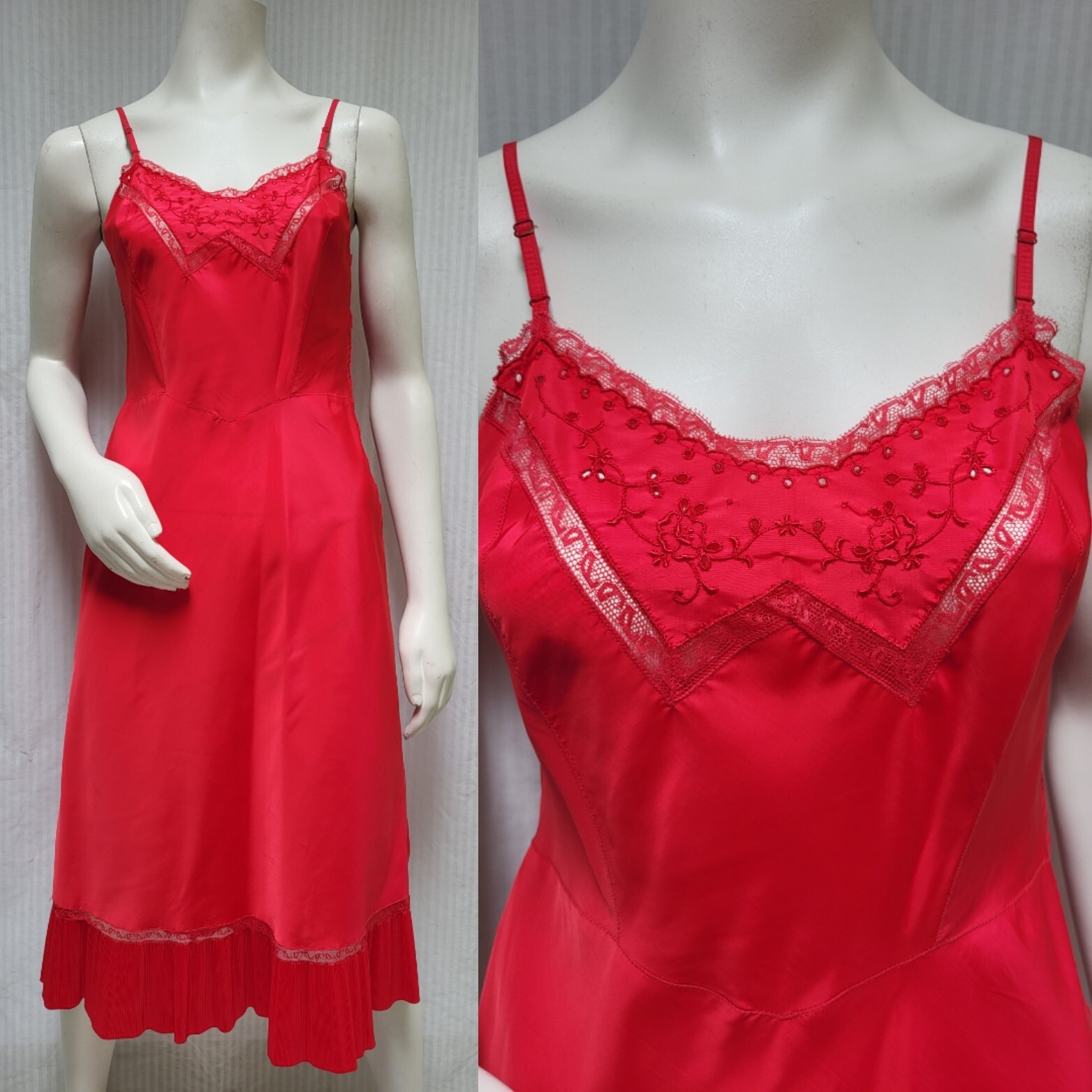 Vintage 40/50s BARBIZON Tafredda Red Full Slip Lingerie Micro Pleats- Size S/M