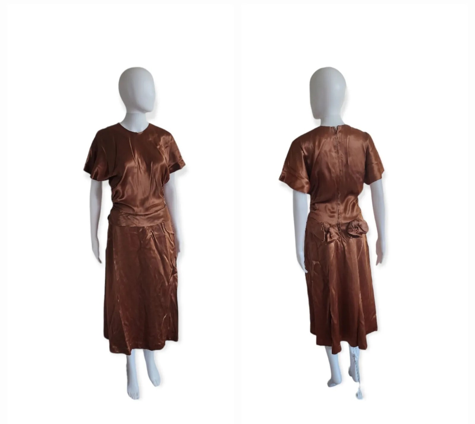 Vintage 40s”Four Star Fashions”brown Ruched Liquid Satin Midi Dress W25″