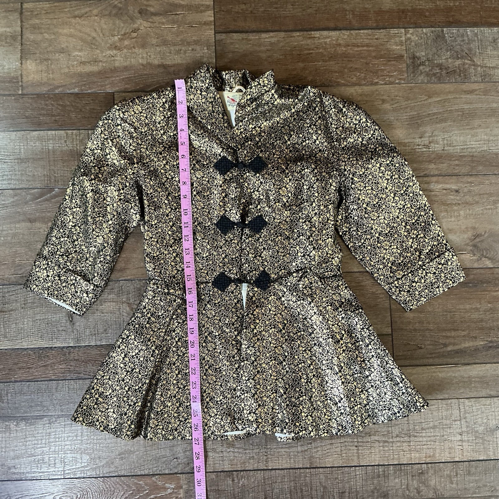 60s VTG Fujibayashi Brocade Peplum Jacket Women’s S Black Gold Frog Front 301113