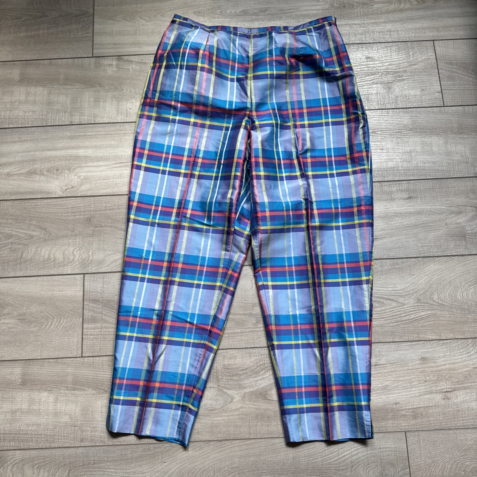 Vintage 90s Preston & York Silk 2pc Pajama Set Top Pants Plaid Womens M/ L Blue