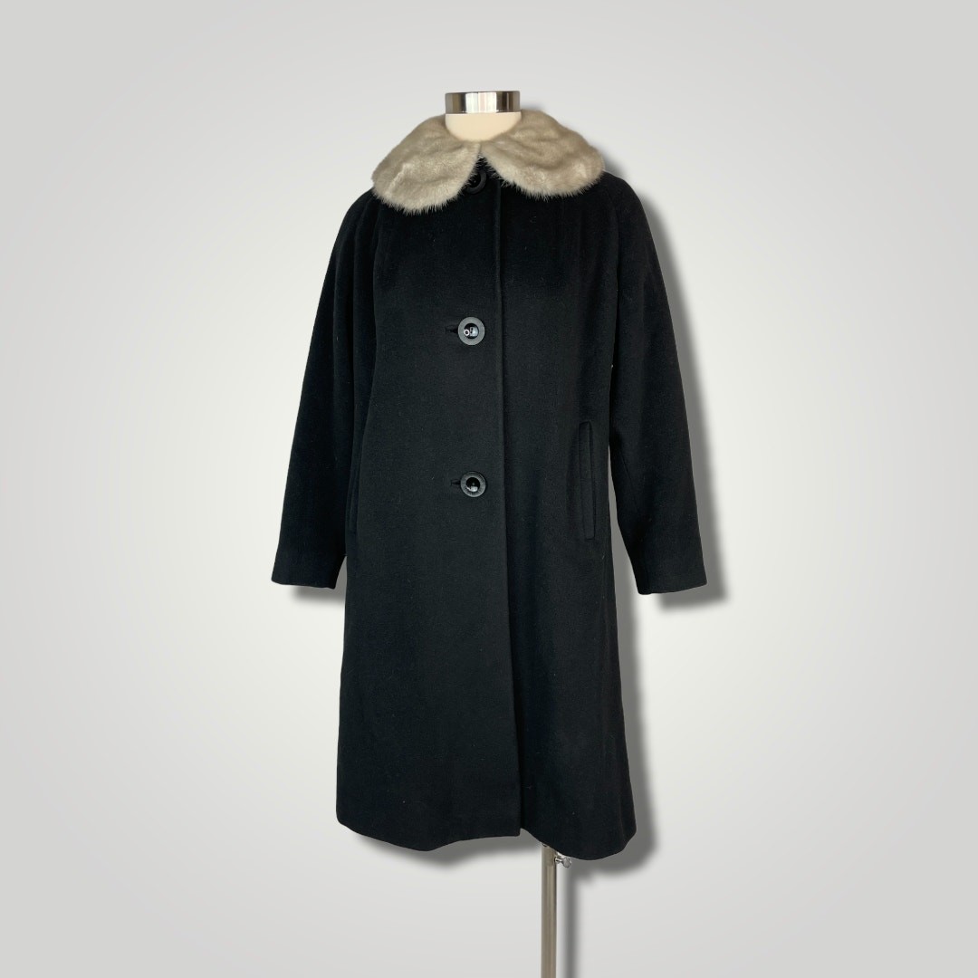 Vintage 1950s Black Cashmere Wool Coat Silver Gray Mink Fur Collar Rare Small/Me