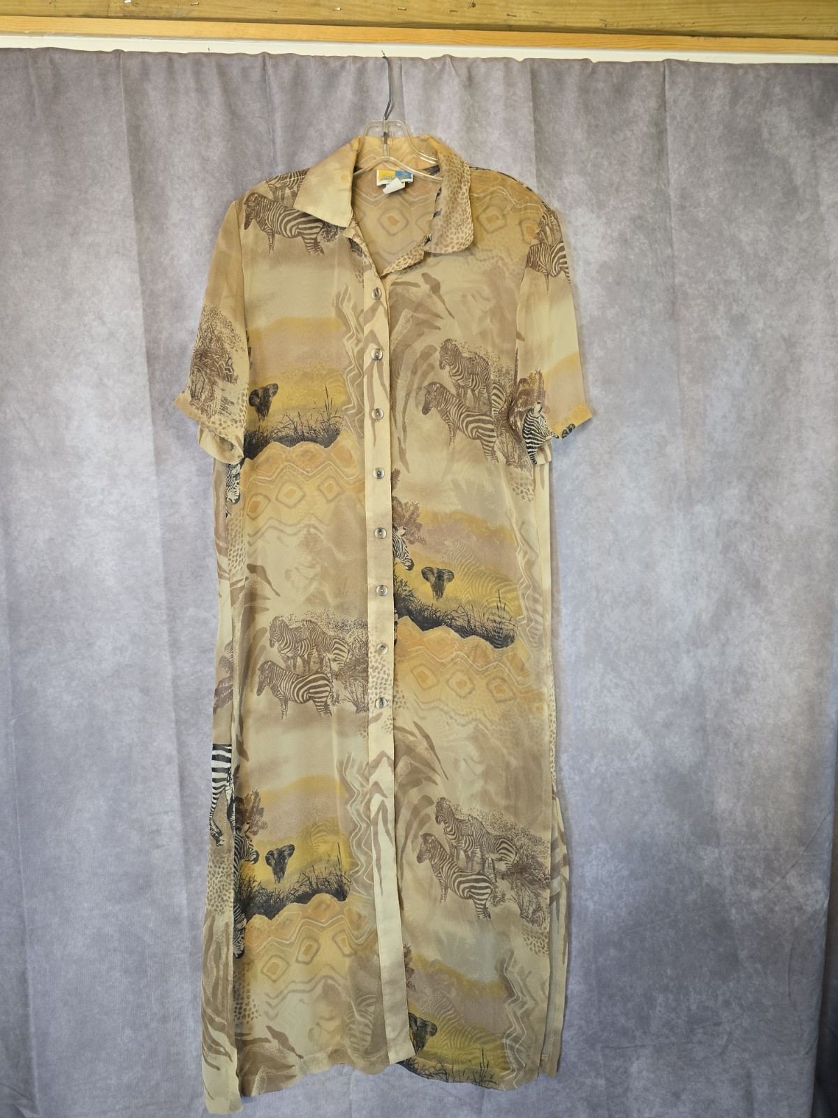 Sea Suns Vtg 80s Sheer Safari Themed Maxi Shirt Dress/ Cover Up Size S
