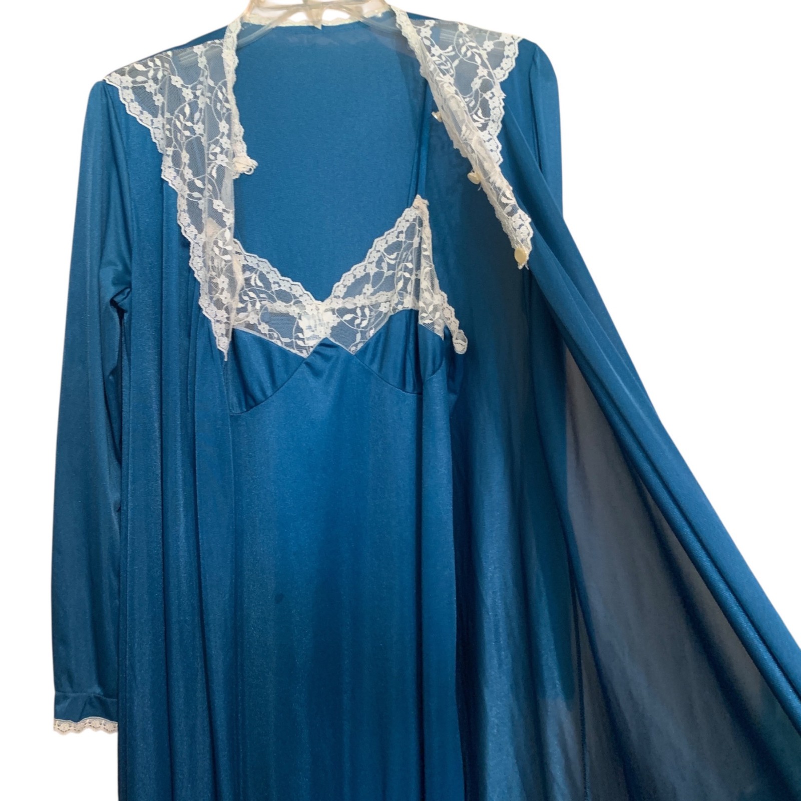 Vintage Stardust Long Teal Nightgown & Robe Set Lace Trim Modest 100% Nylon Sz M