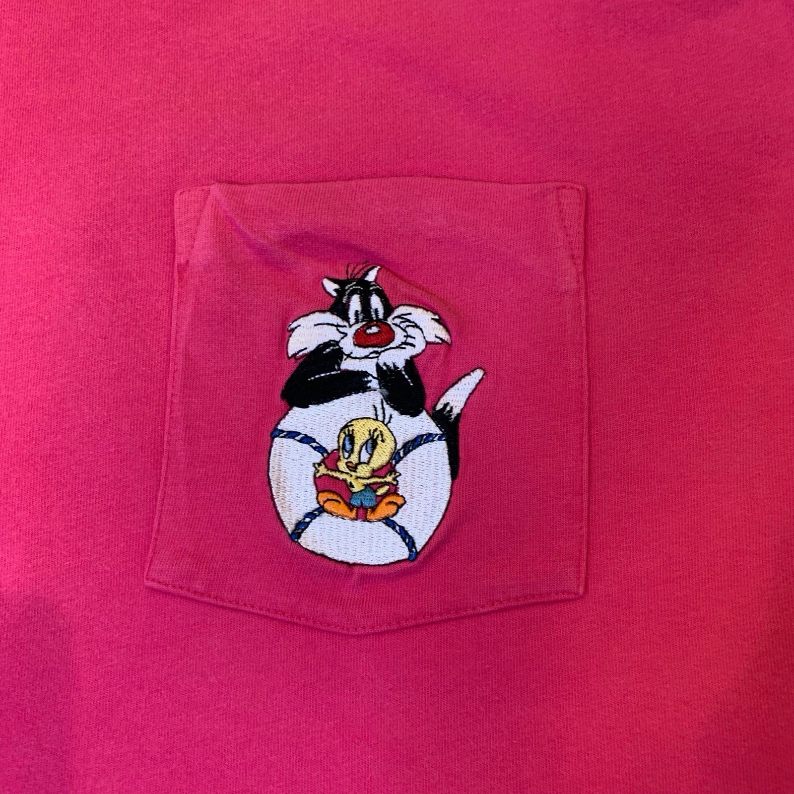 Vintage Acme Clothing Looney Toons Pink Women’s T-Shirt Embroidered Pocket RARE