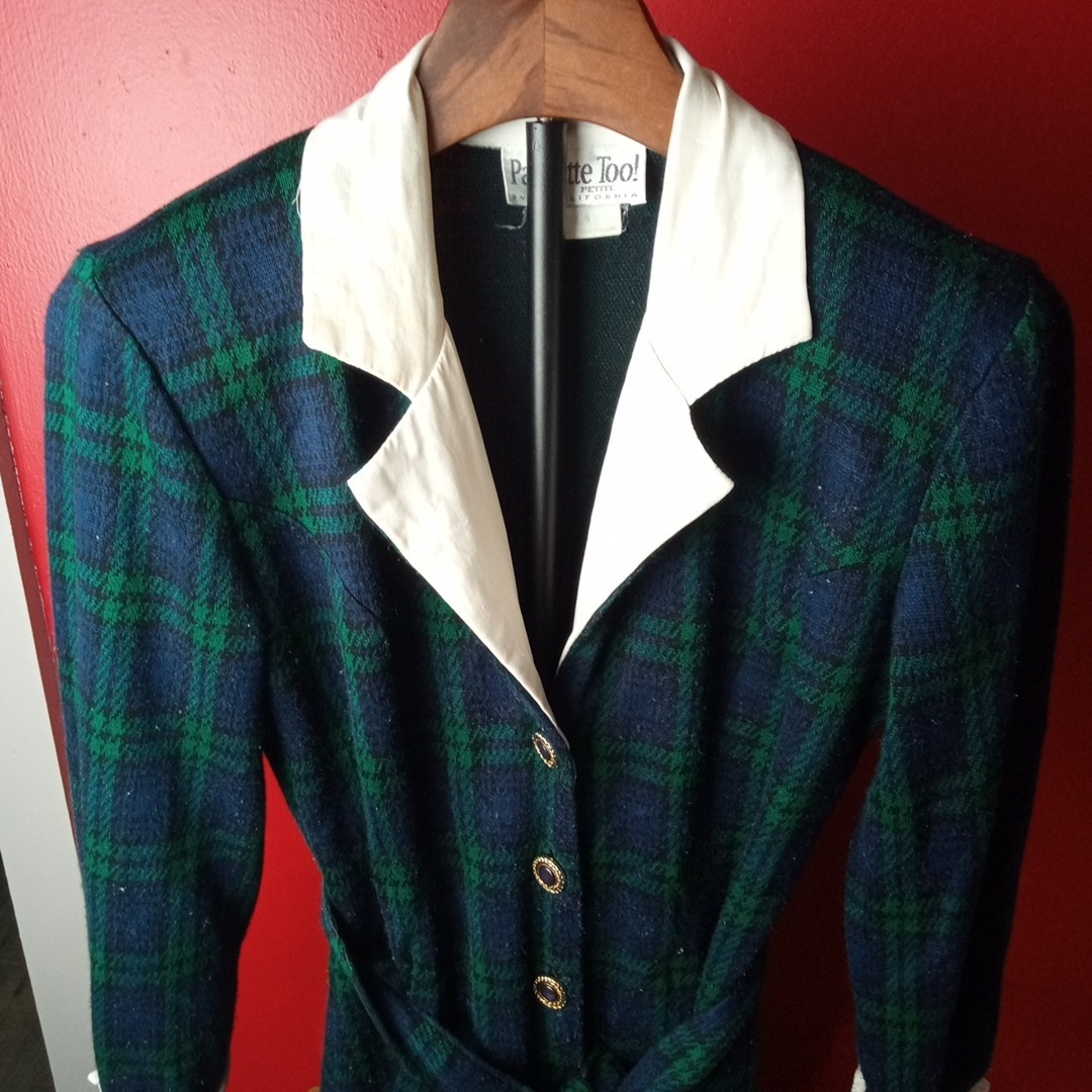 Vtg 1960’s Paquette Too Blue Green Plaid Buttons School Girl USA Made Petite 8
