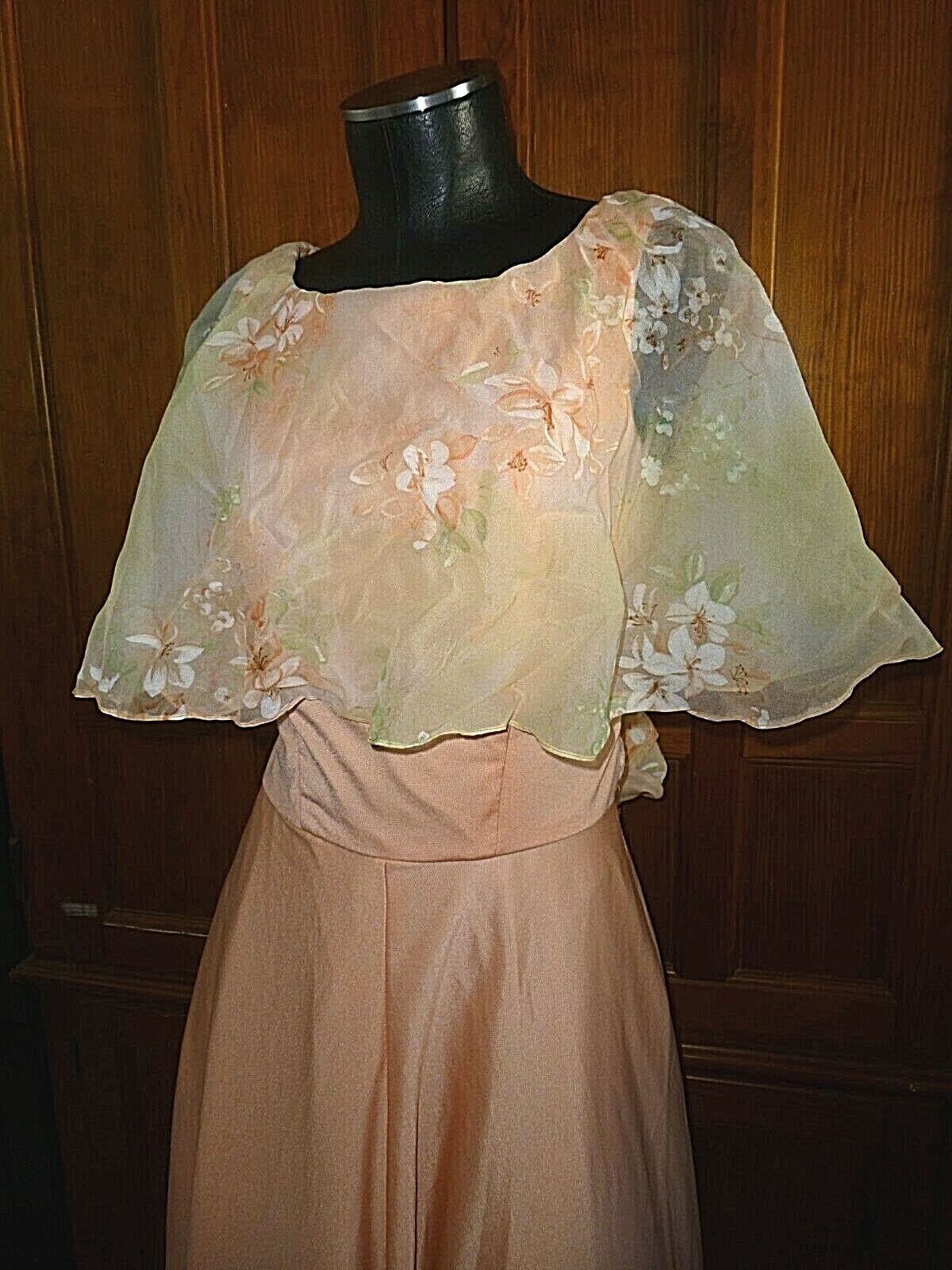 Vtg 70s Jersey Matte Cape Ruffle Floral Chiffon Boho Evening Wedding maxi Dress