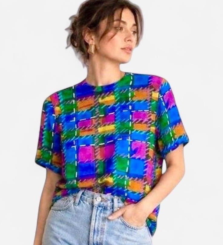 Vintage Christie & Jill Silk Abstract Geometric Blouse Womens S 90s Art Top