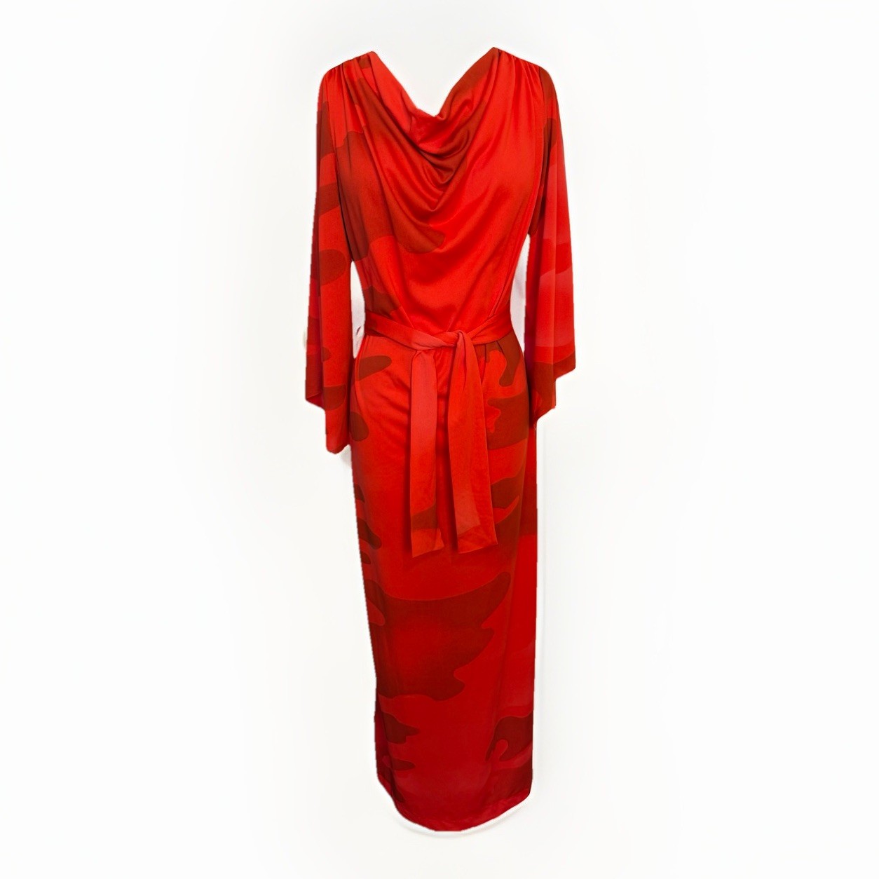 70s Solo San Francisco Red Watercolor Print Maxi Dress, Bell Sleeves, Size 13/14