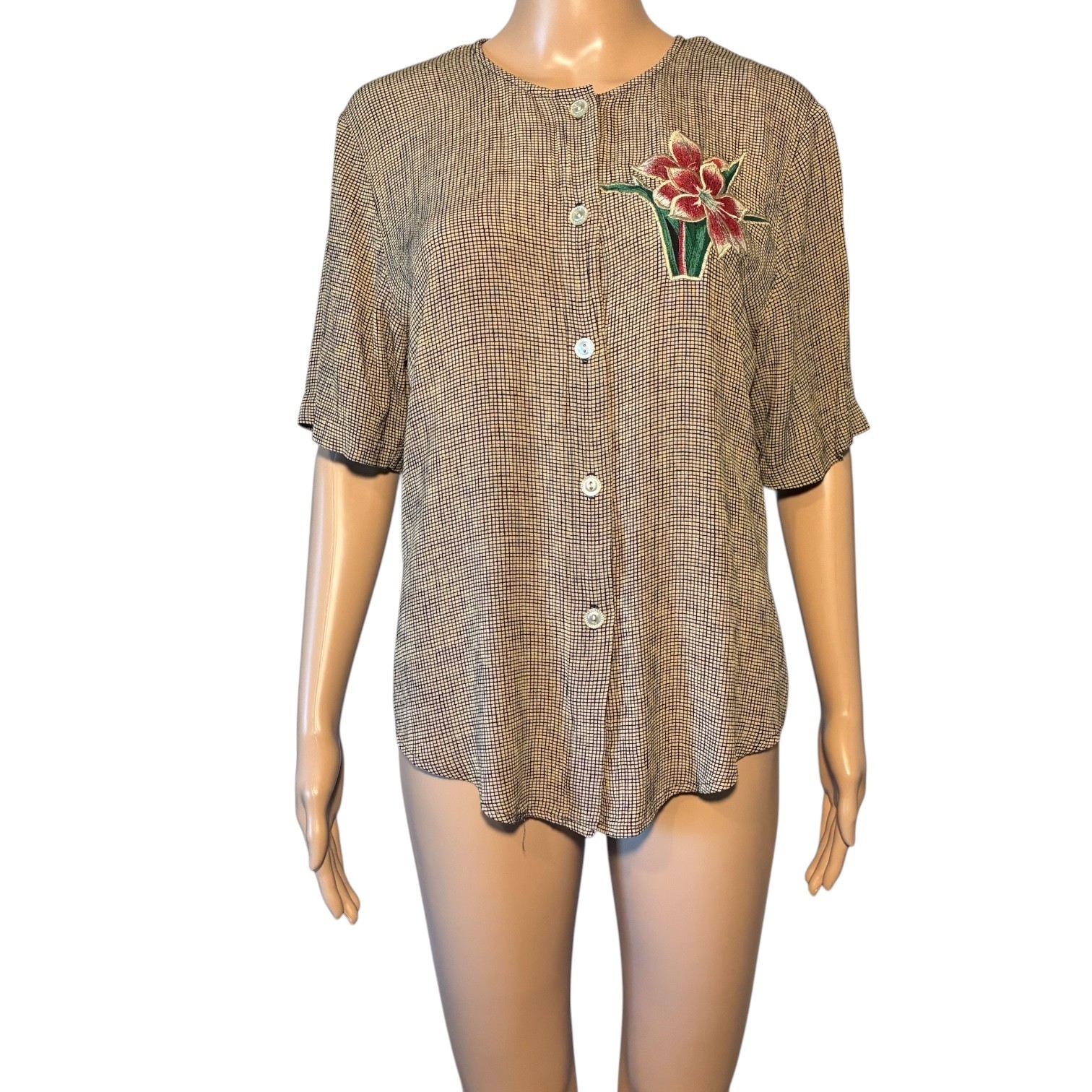 Vintage Karen Kane Women’s Blouse Size M Button Up Short Sleeve Embroidered