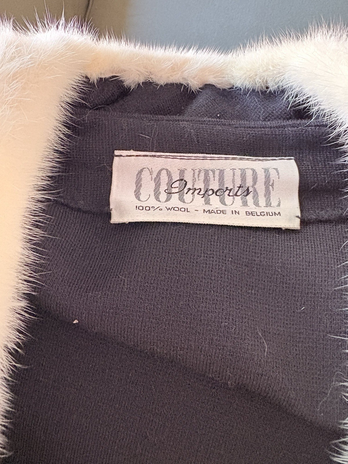 Vtg Belgium Black Wool Coat W/ White Mink Collar & Cuffs Double Breasted S/M