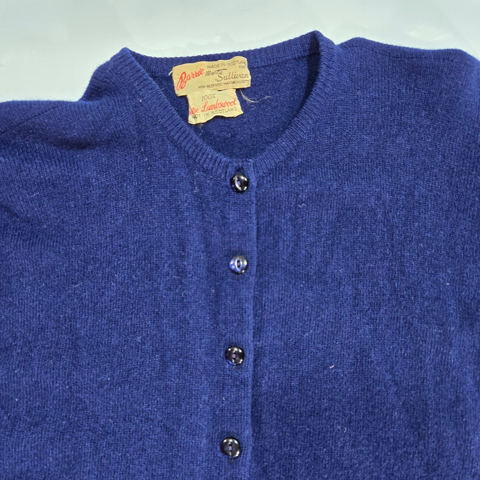 Vtg Barrie for Marty Sullivan Navy Blue 100% Lambswool Cardigan Made in Scotland