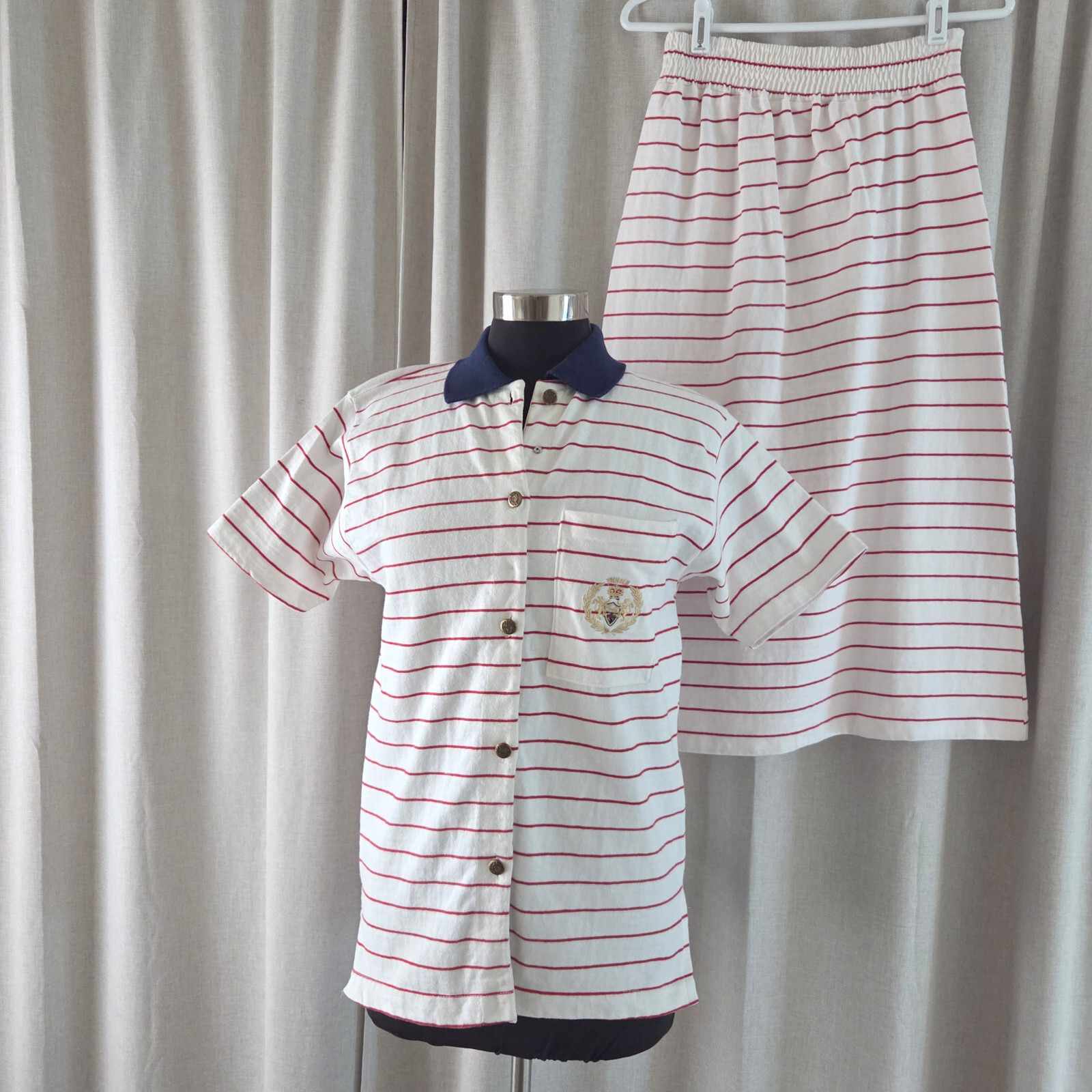 Vtg Pringle Of Scotland SET S M Top Skirt Heavy Cotton White Red Stripe Crest